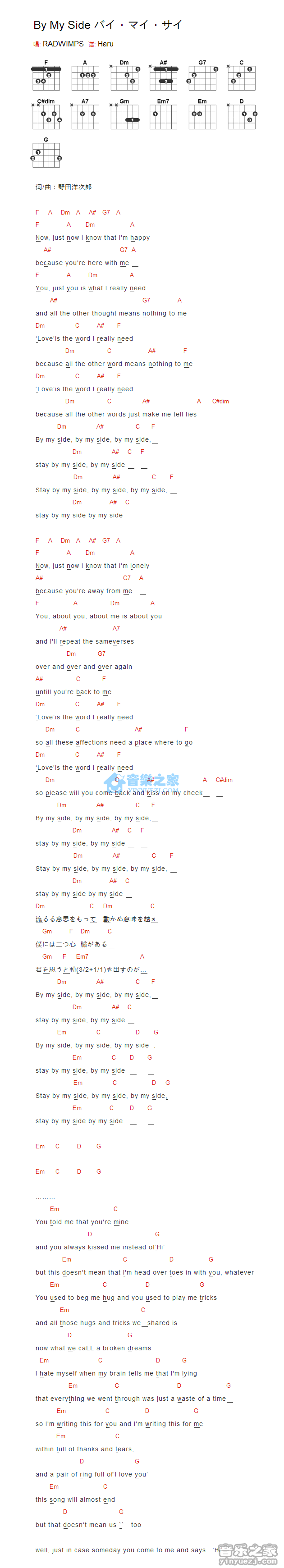 By My Side吉他谱 F调_音乐之家编配_Radwimps By My Side吉他谱 F调_音乐之家编配_Radwimps