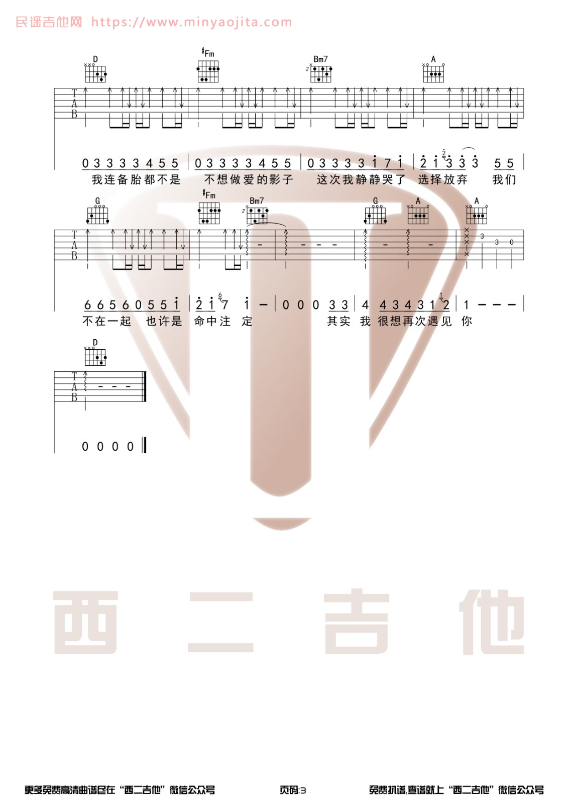 连备胎都不是吉他谱 D调原版_西二吉他编配_杨振宇
