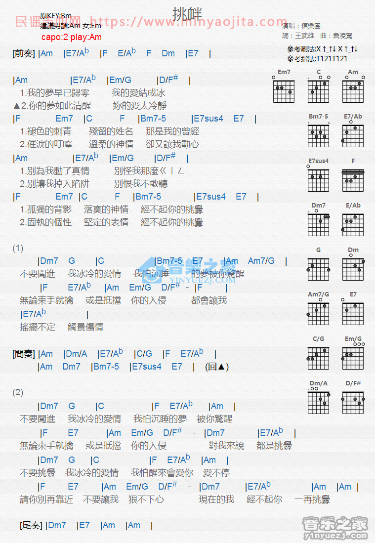 挑衅吉他谱 B调和弦谱_音乐之家编配_信乐团 挑衅吉他谱 B调和弦谱_音乐之家编配_信乐团