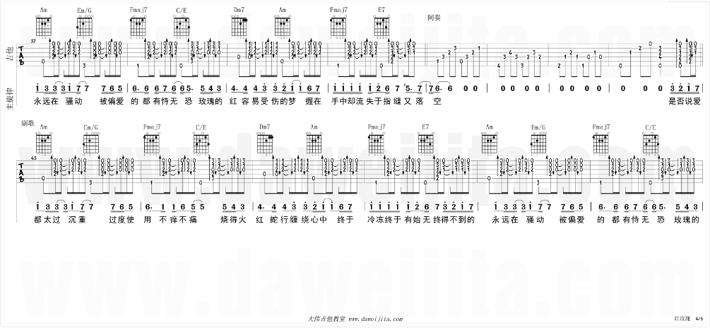 白玫瑰吉他谱 C调精选版_大伟吉他教室编配_陈奕迅 白玫瑰吉他谱 C调精选版_大伟吉他教室编配_陈奕迅