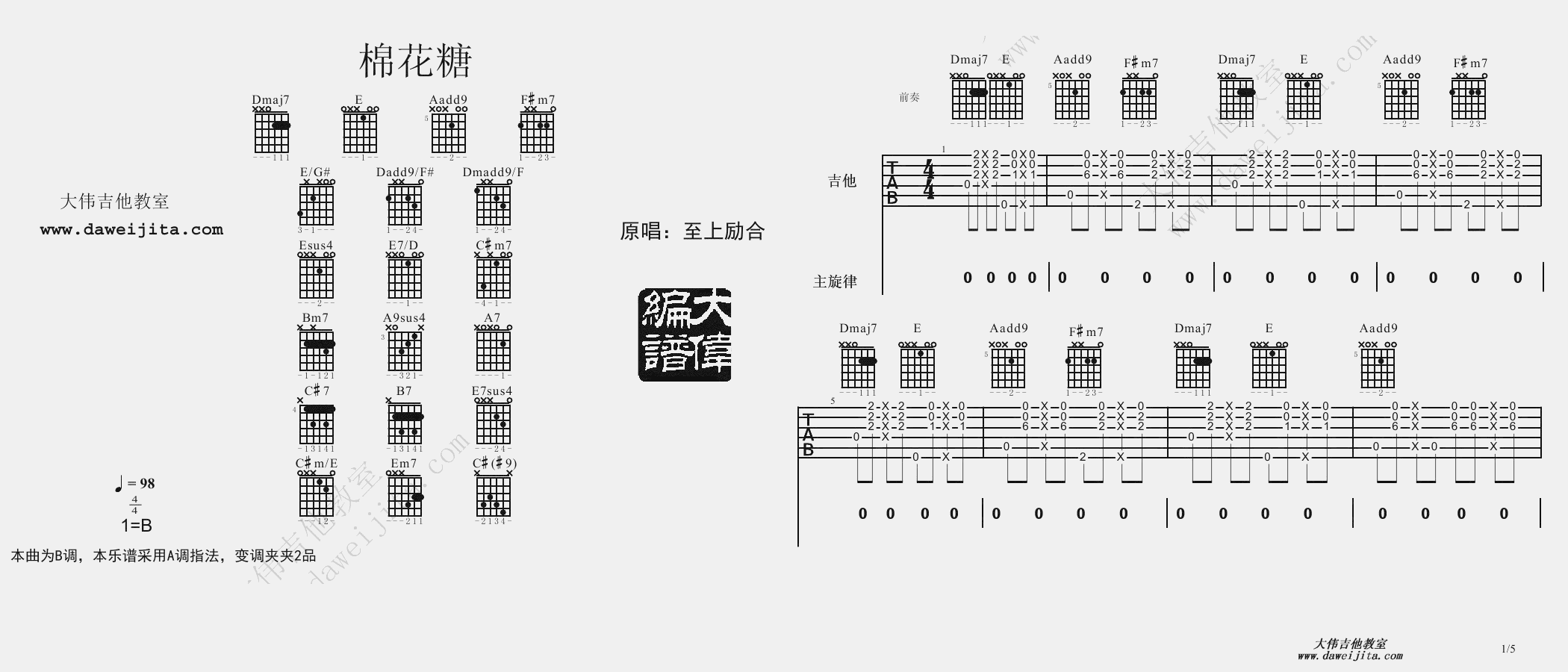 棉花糖吉他谱 A调精选版_大伟吉他教室编配_至上励合 棉花糖吉他谱 A调精选版_大伟吉他教室编配_至上励合