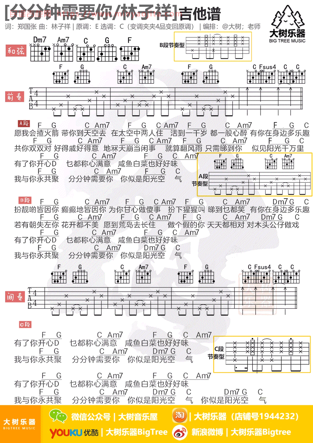 分分钟需要你吉他谱 C调_大树乐器编配_林子祥