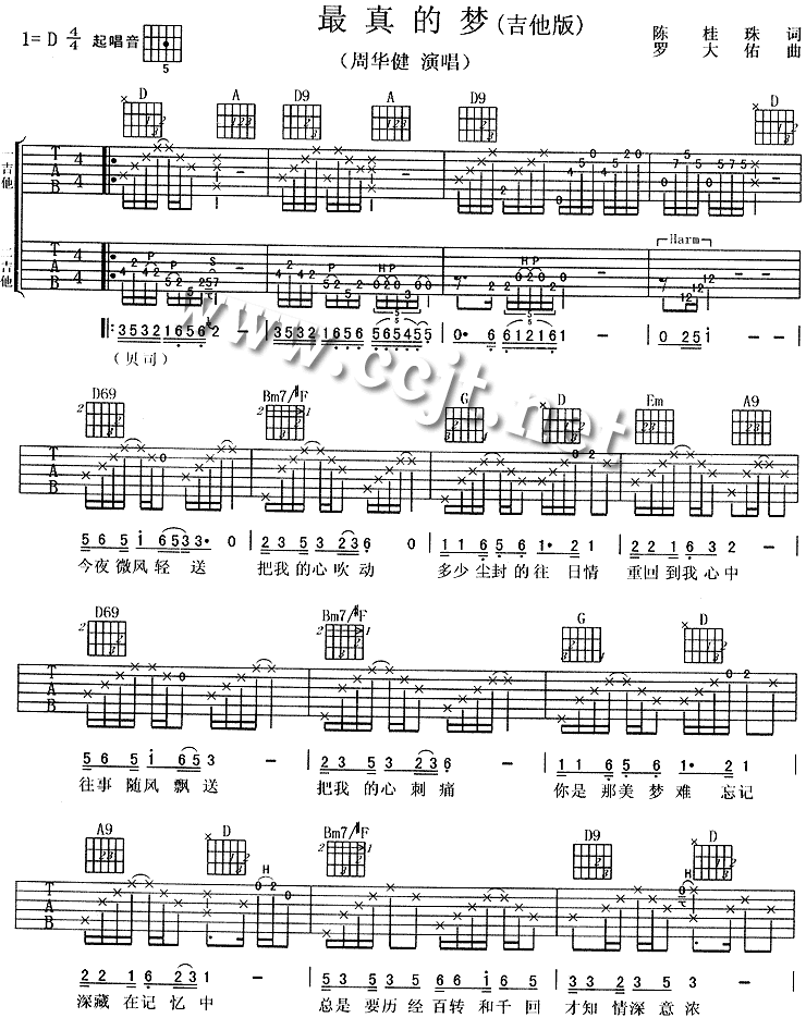 最真的梦吉他谱 D调男生版_虫虫吉他编配_周华建