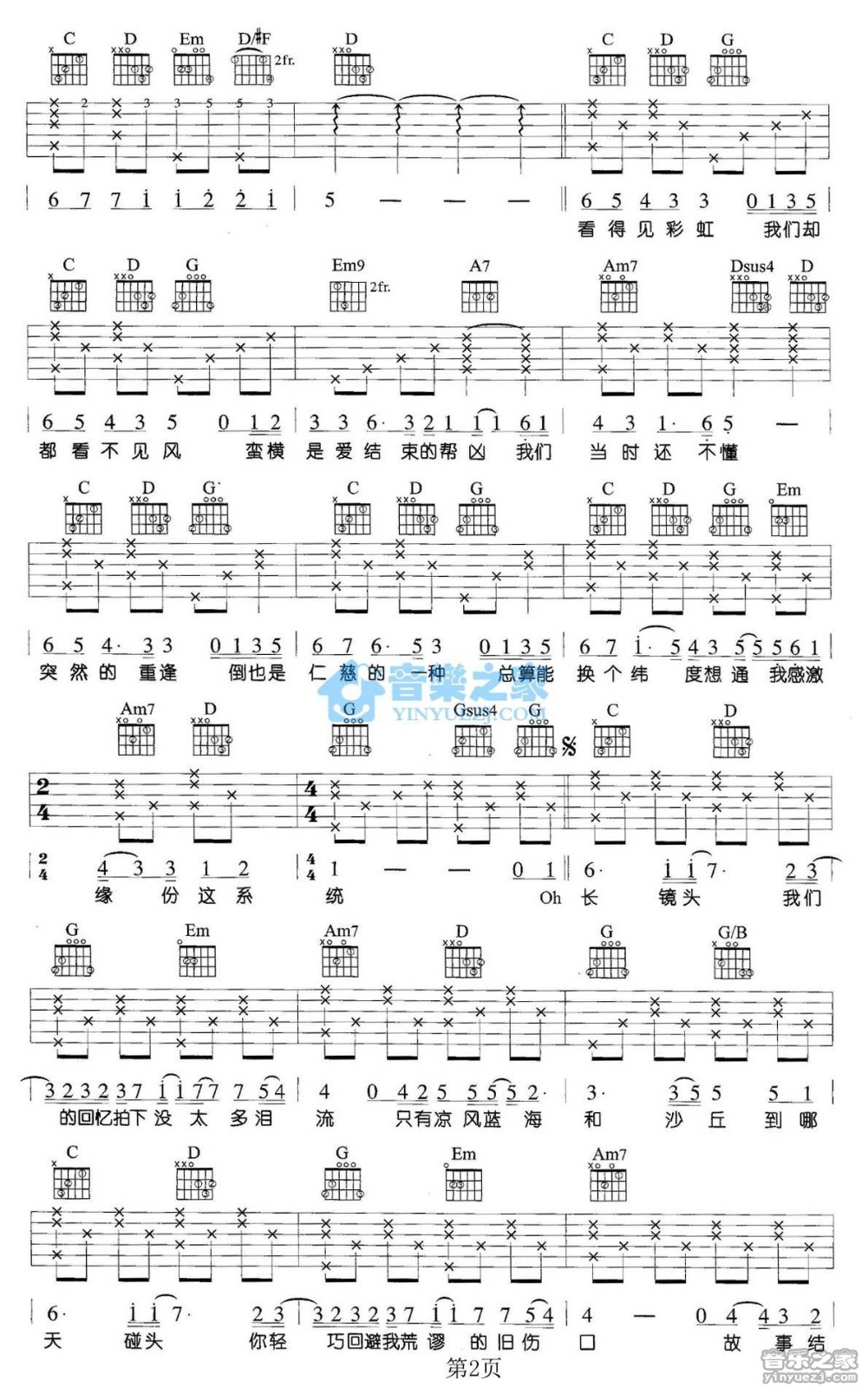 长镜头吉他谱 G调六线谱_音乐之家编配_那英