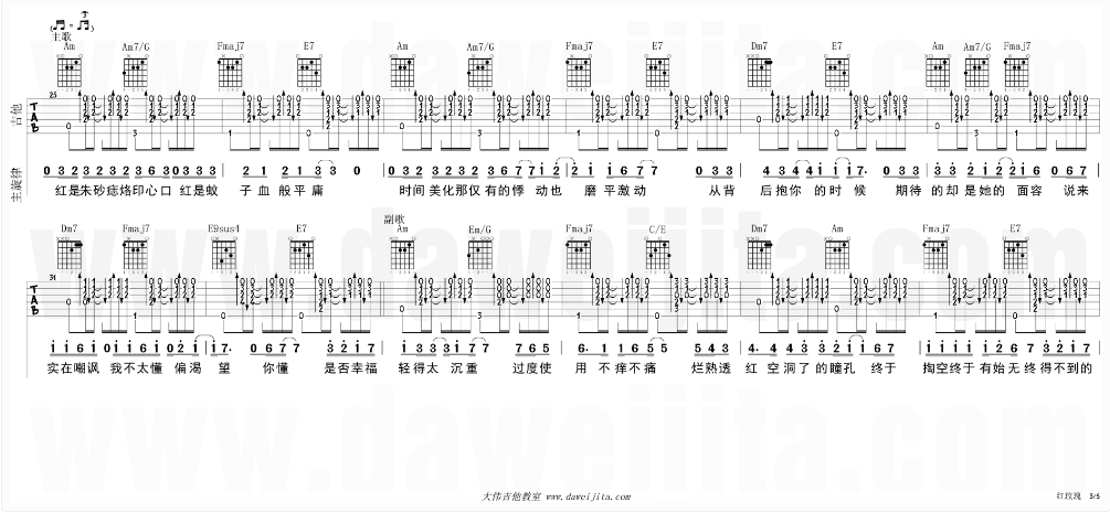 白玫瑰吉他谱 C调精选版_大伟吉他教室编配_陈奕迅 白玫瑰吉他谱 C调精选版_大伟吉他教室编配_陈奕迅