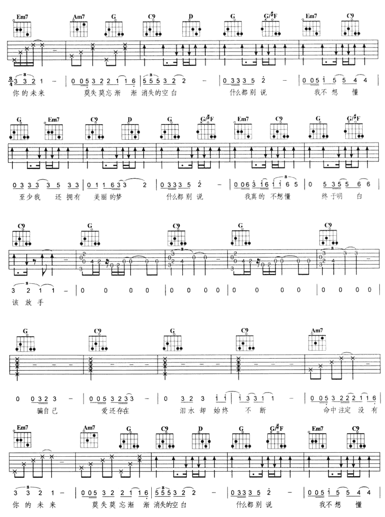 终于明白吉他谱 G调六线谱_附前奏_动力火车