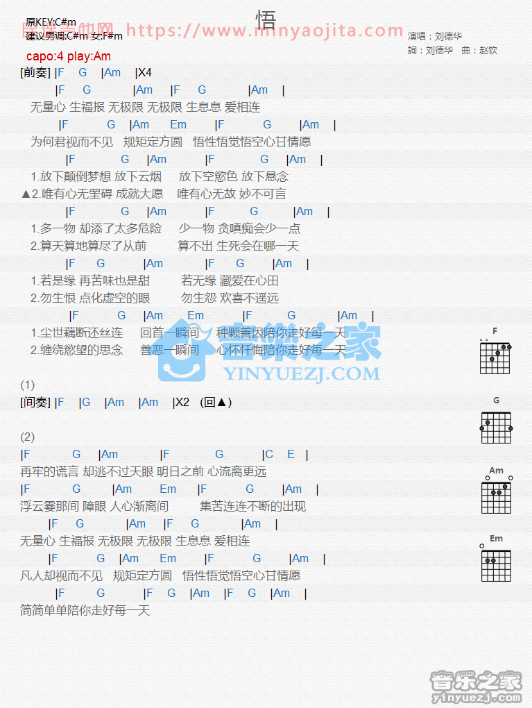 悟吉他谱 C调和弦谱_音乐之家编配_刘德华 悟吉他谱 C调和弦谱_音乐之家编配_刘德华
