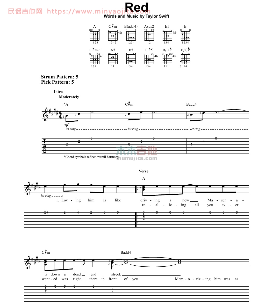 red吉他谱 G调_木木吉他编配_Taylor Swift red吉他谱 G调_木木吉他编配_Taylor Swift