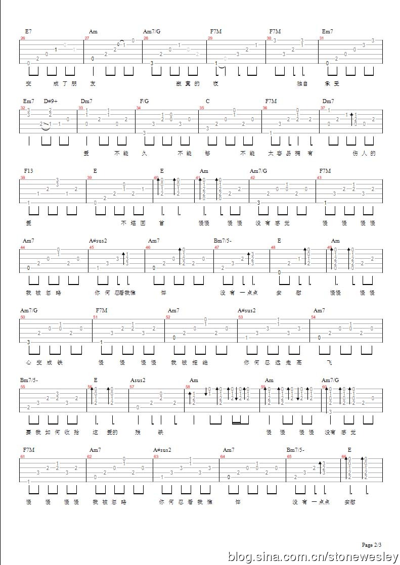 慢慢吉他谱 F调六线谱_简单版_张学友