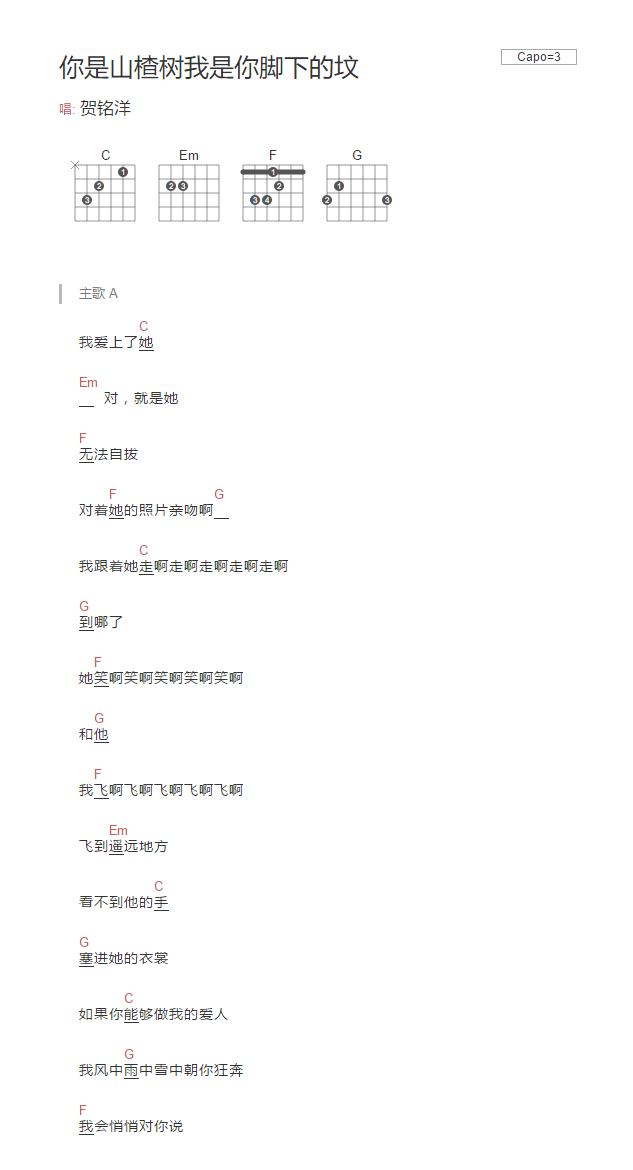 你是山楂树我是你脚下的坟吉他谱 C调和弦谱_简单版_贺铭洋