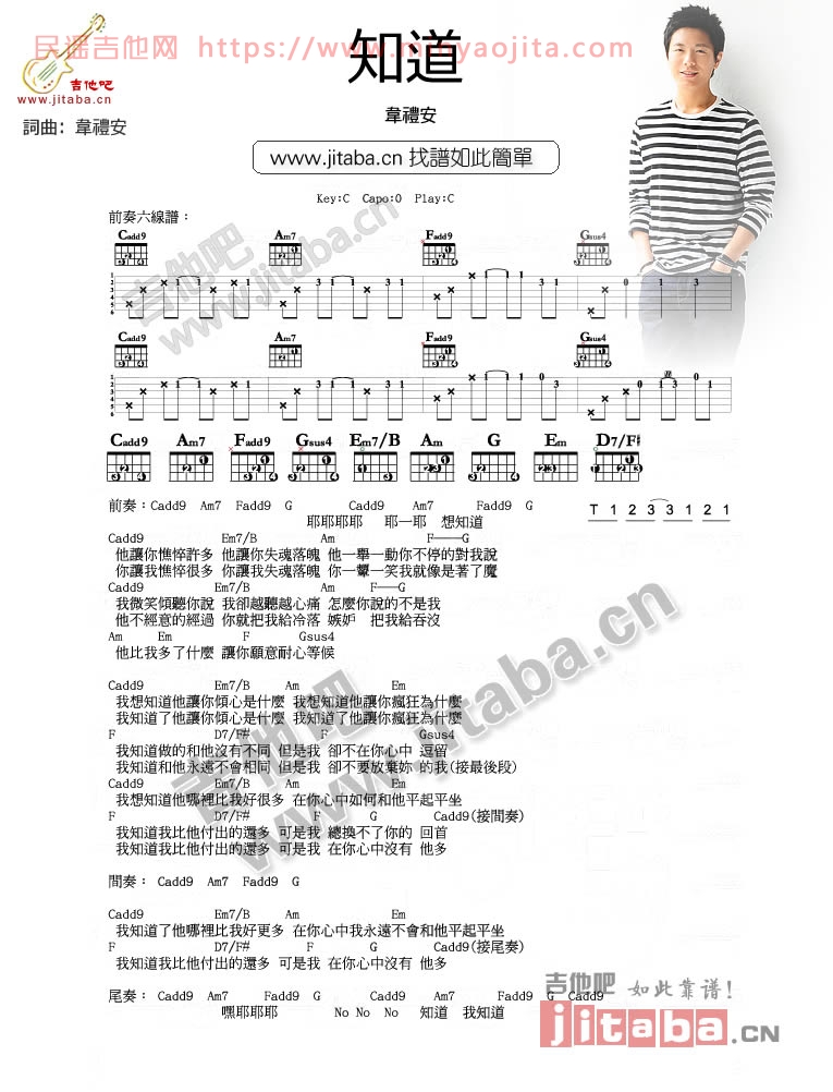 知道吉他谱 C调简单版_吉他吧编配_韦礼安 知道吉他谱 C调简单版_吉他吧编配_韦礼安