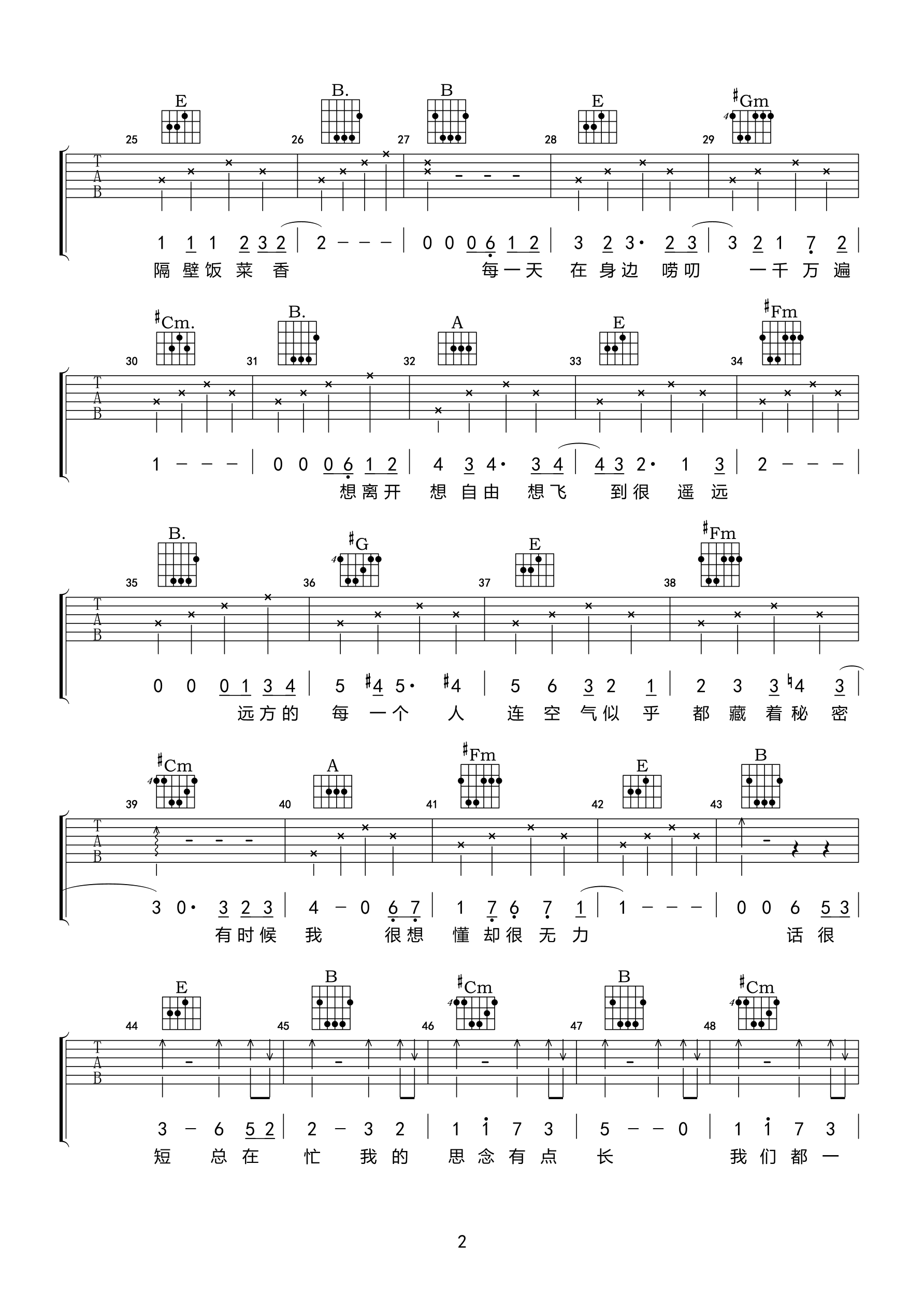 开饭了吉他谱 E调高清版_小叶歌吉他编配_谭佑铭