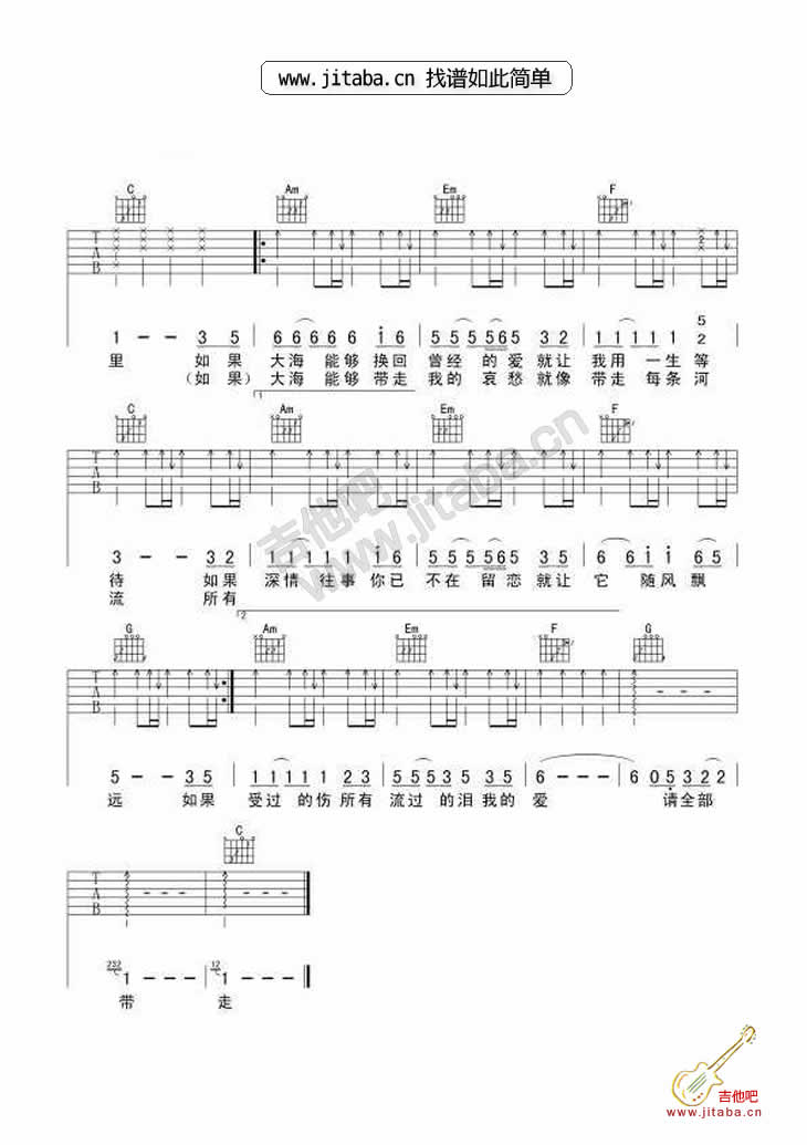 步步吉他谱 C调六线谱_天韵琴行编配_张雨生