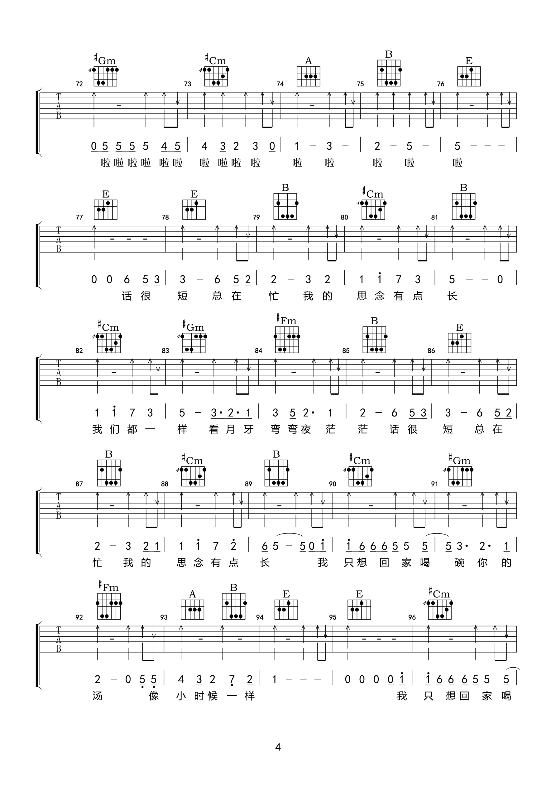 开饭了吉他谱 E调高清版_小叶歌吉他编配_谭佑铭
