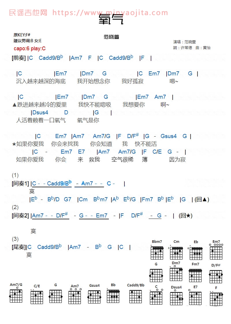 氧气吉他谱 C调和弦谱_女生版_范晓萱 氧气吉他谱 C调和弦谱_女生版_范晓萱