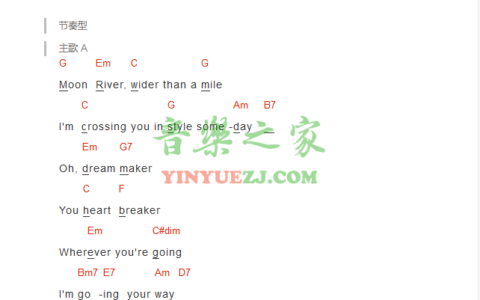 Moon River(月亮河)吉他谱 C调和弦谱_音乐之家编配