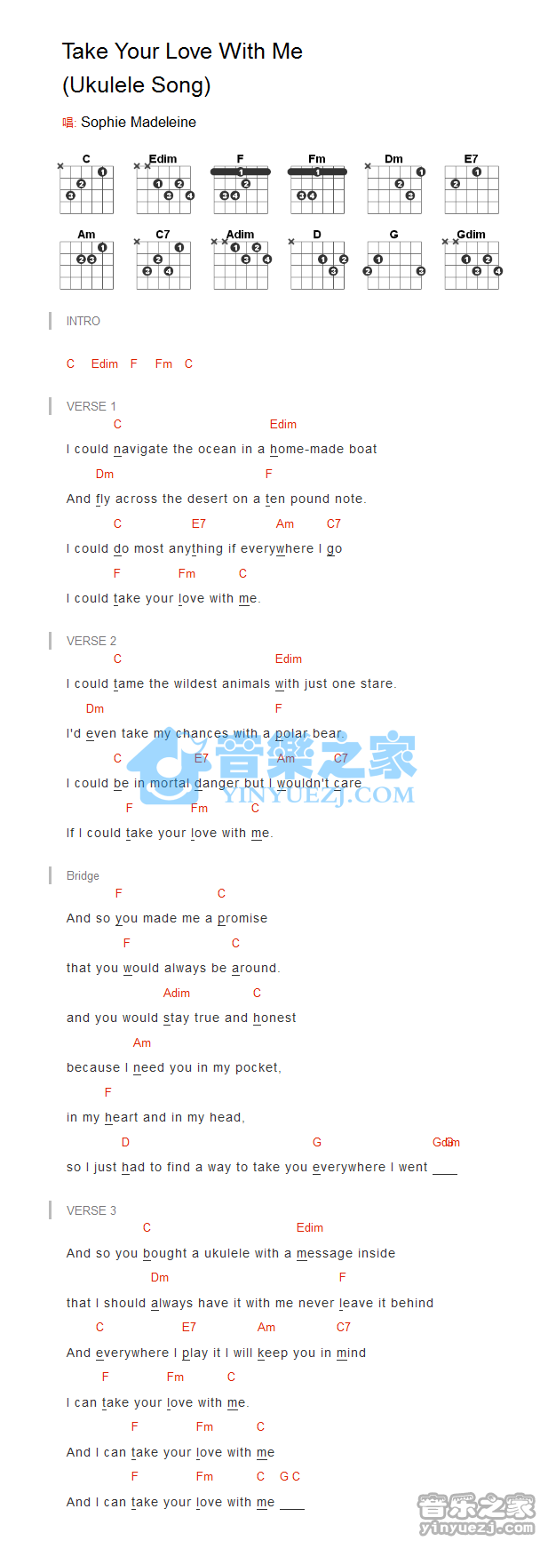 Take Your Love With Me吉他谱 C调和弦谱_音乐之家编配_Sophie Madeleine