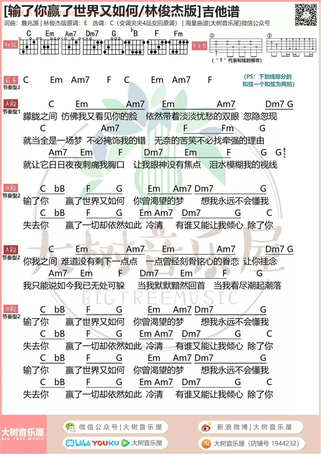 输了你赢了世界又如何吉他谱 C调_大树音乐屋编配_林俊杰 输了你赢了世界又如何吉他谱 C调_大树音乐屋编配_林俊杰