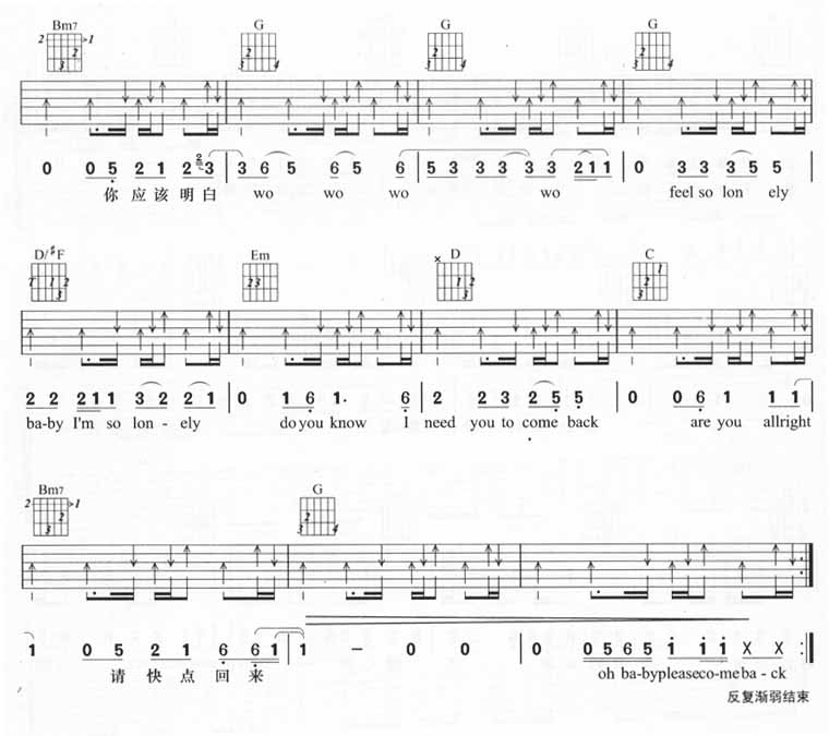 无心伤害吉他谱 G调六线谱_扫弦版_杜德伟