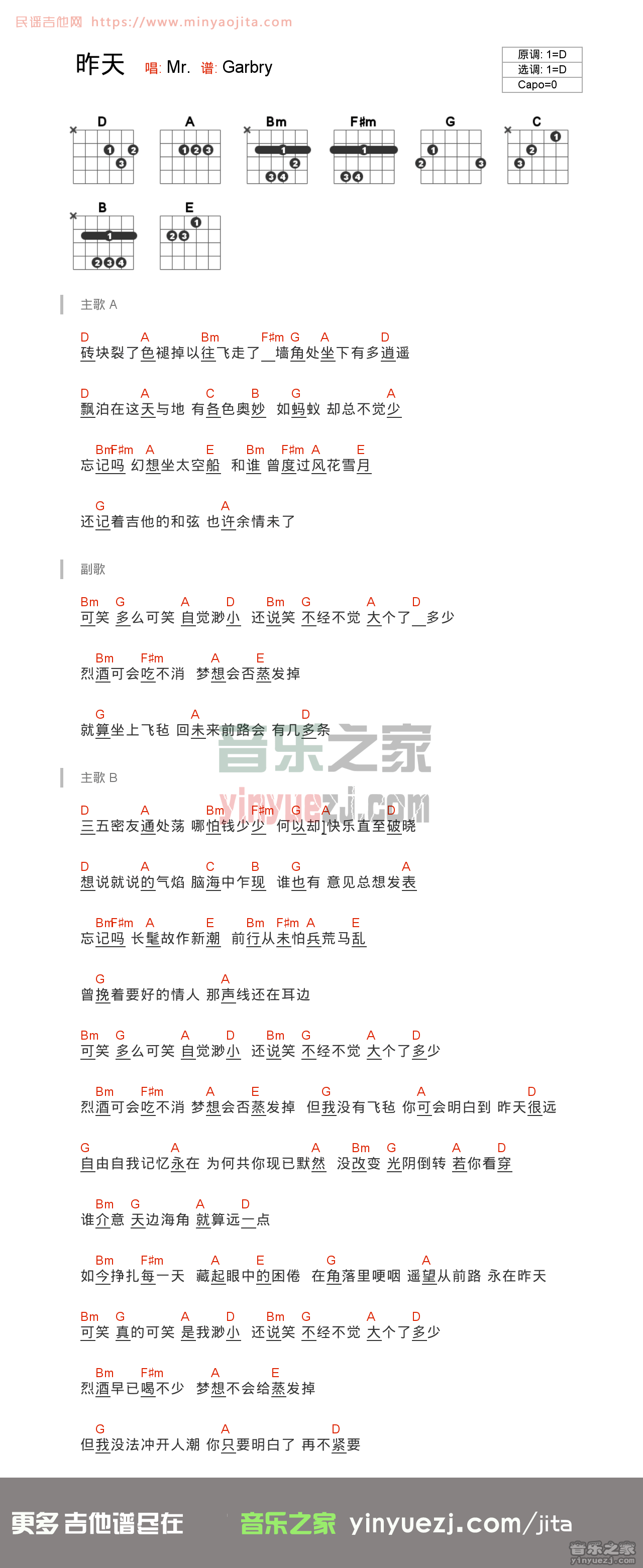 昨天吉他谱 D调和弦谱_Garbry编配_Mr.
