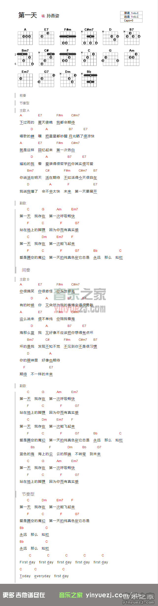 第一天吉他谱 C调和弦谱_音乐之家编配_孙燕姿