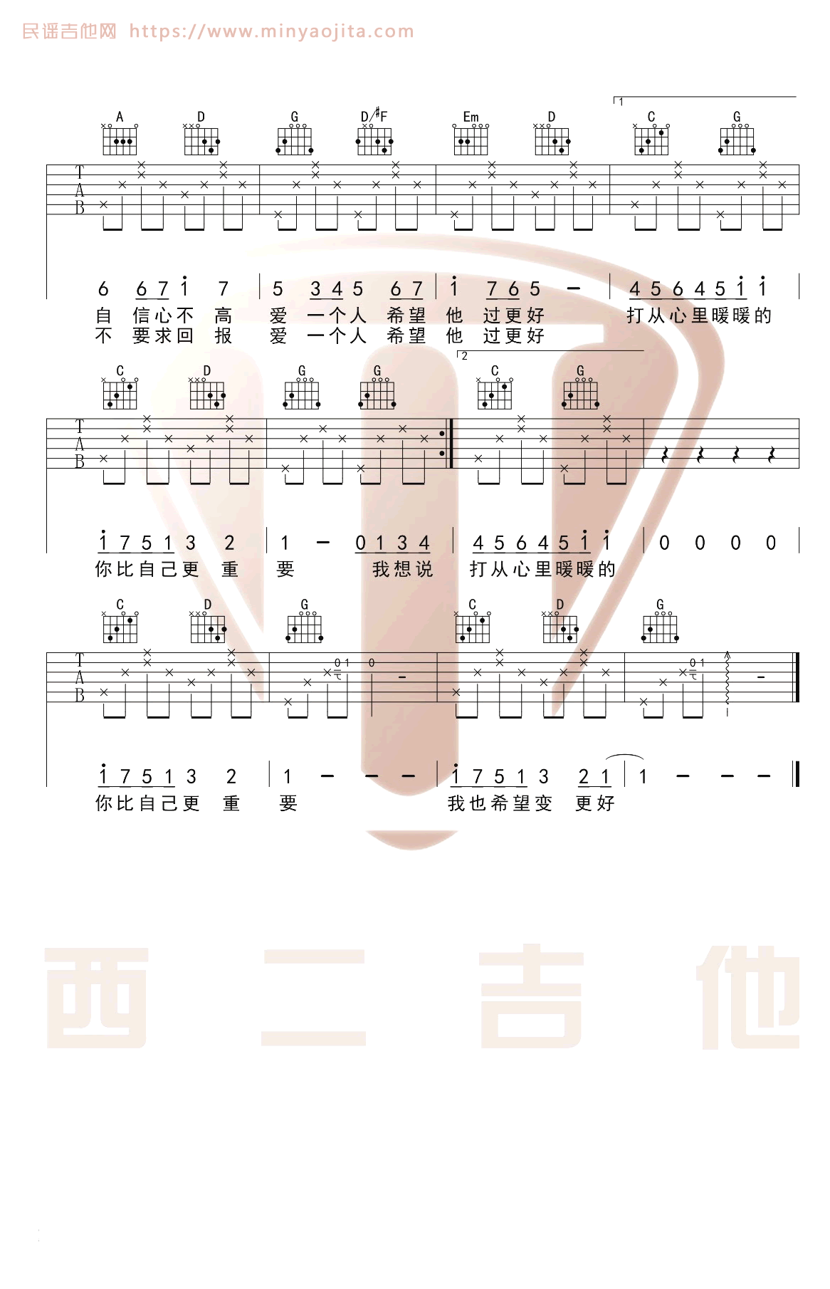 暖暖吉他谱 G调原版_西二吉他编配_梁静茹 暖暖吉他谱 G调原版_西二吉他编配_梁静茹