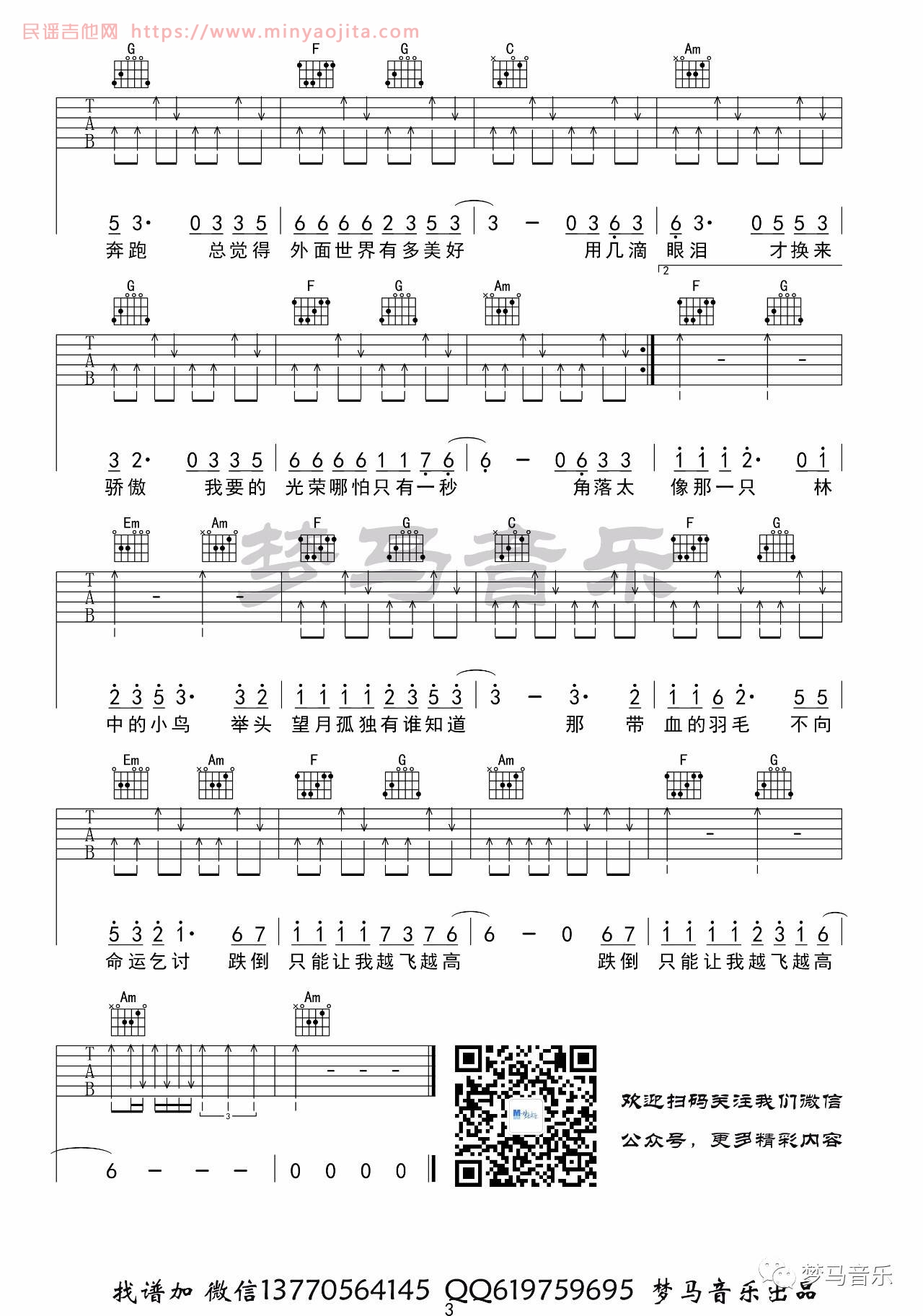 林中鸟吉他谱 C调_梦马音乐编配_葛林