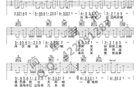 沧海一声笑吉他谱 G调简单版_简单吉他编配_许冠杰