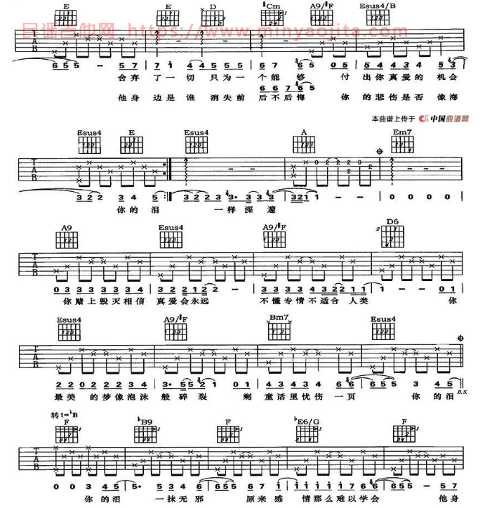 人鱼的眼泪吉他谱 A调六线谱_简单版_南拳妈妈