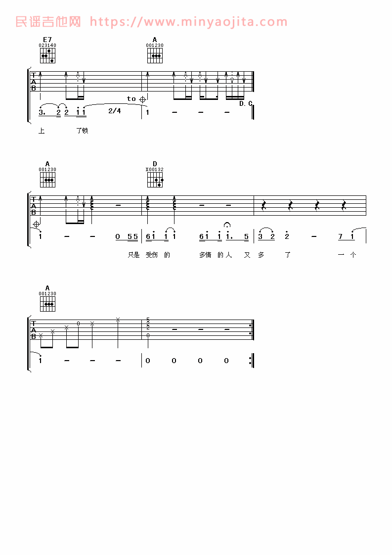 一个人唱情歌吉他谱 A调六线谱_阿潘音乐工场编配_陈楚生