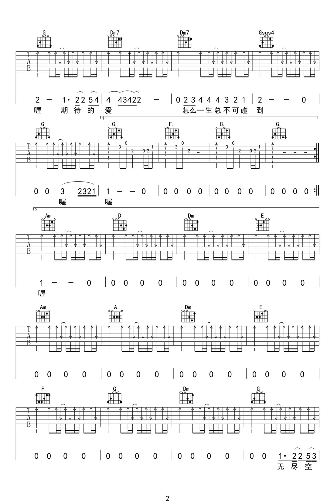 无尽空虚吉他谱_Beyond_C调原版弹唱谱_图片六线谱