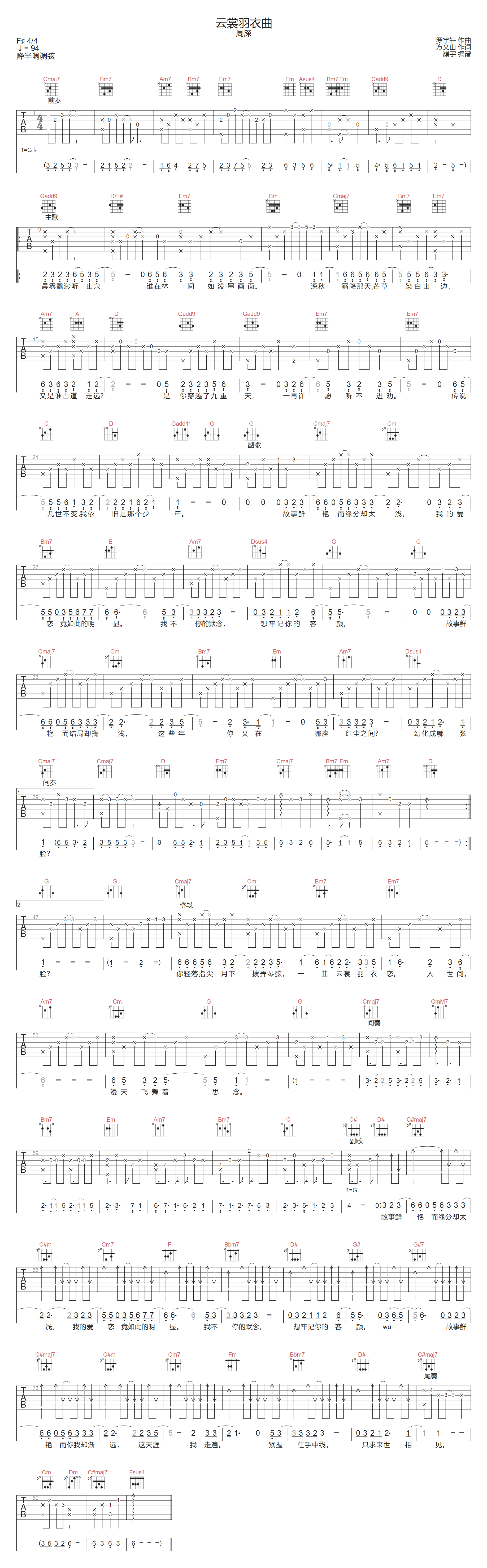 云裳羽衣曲吉他谱_周深_G调原版弹唱谱_图片六线谱