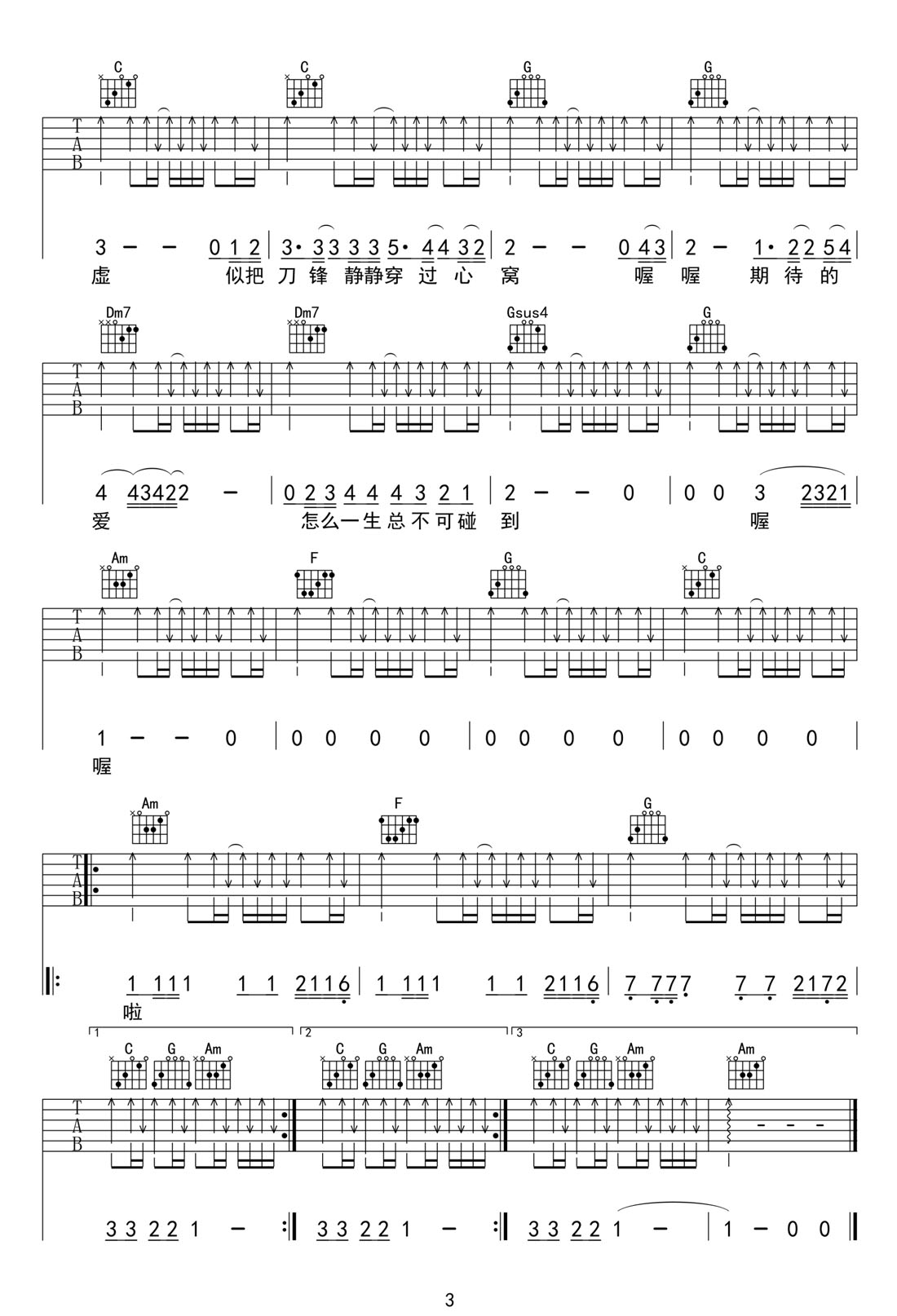 无尽空虚吉他谱_Beyond_C调原版弹唱谱_图片六线谱