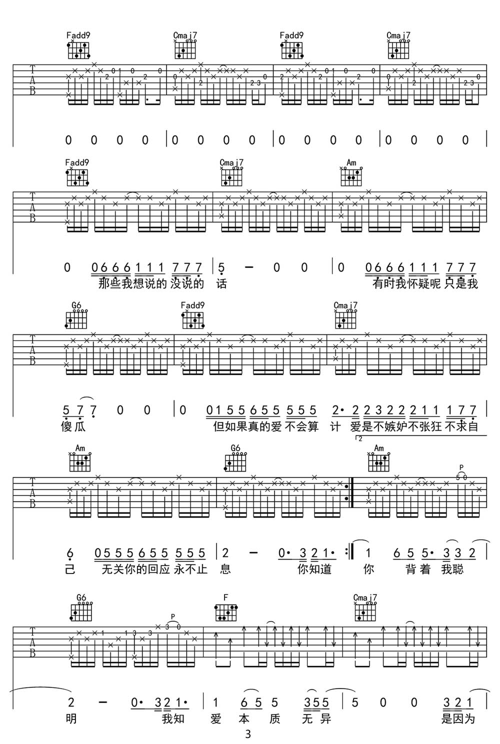 唯一吉他谱_邓紫棋_C调原版弹唱谱_图片六线谱