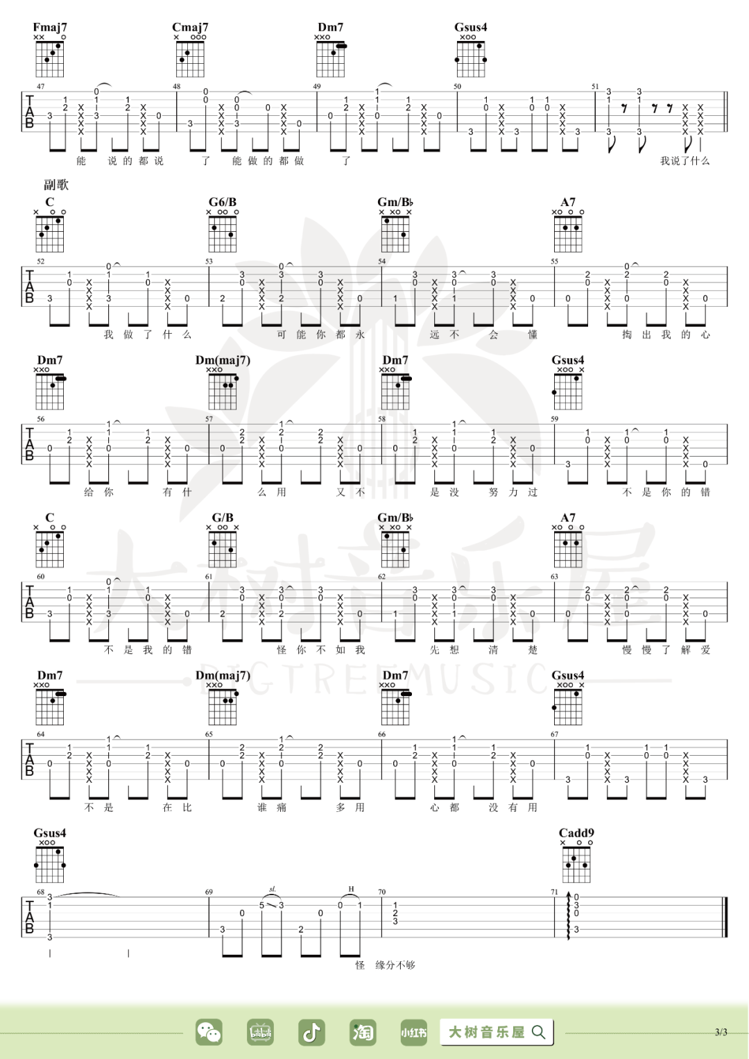 无缘吉他谱_陶喆_C调原版弹唱谱_图片六线谱