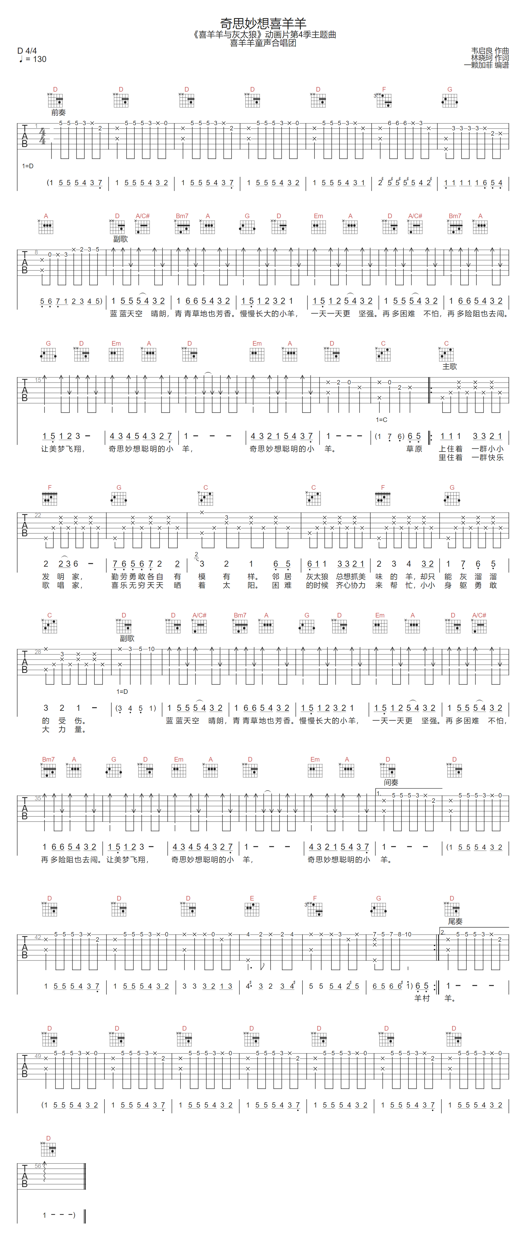 奇思妙想喜羊羊吉他谱_喜羊羊童声合唱团_D调原版弹唱谱