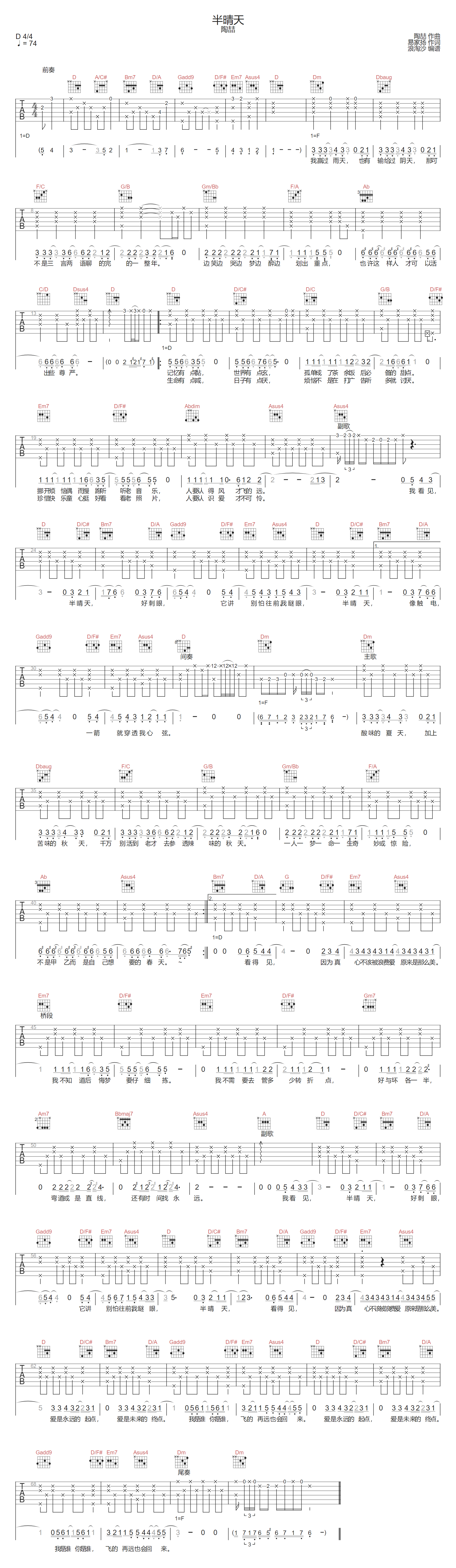 半晴天吉他谱_陶喆_D调原版弹唱谱_图片六线谱