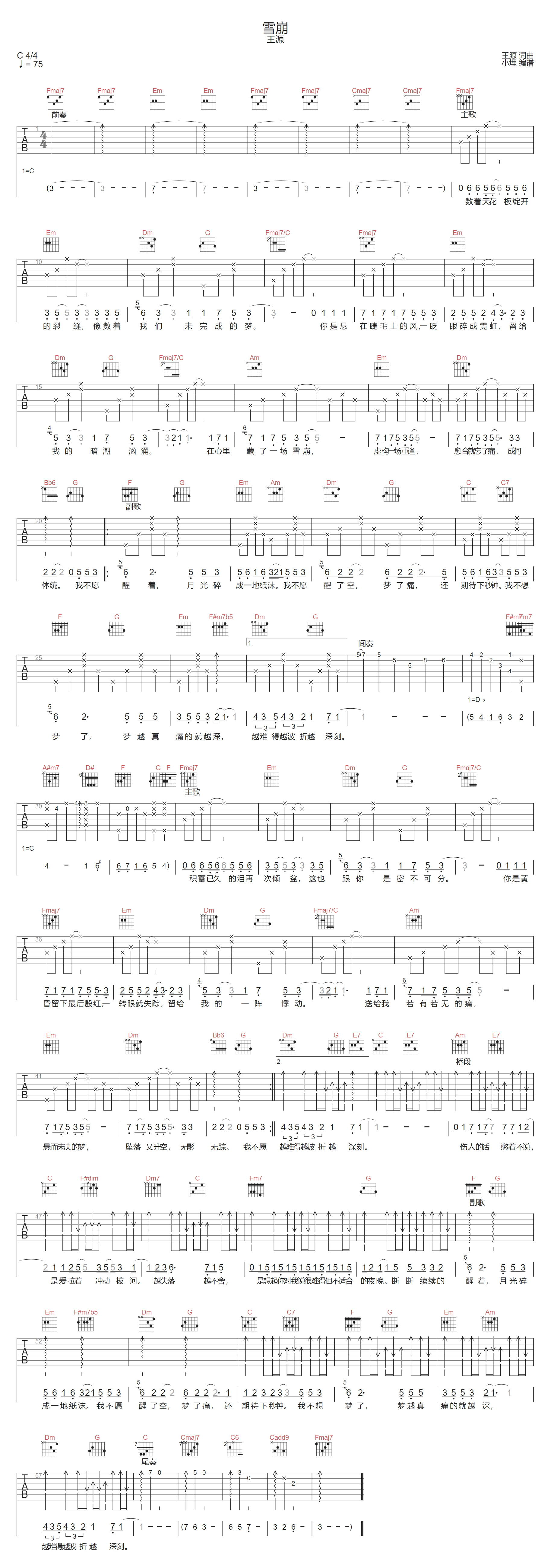 雪崩吉他谱_王源_C调原版弹唱谱_图片六线谱