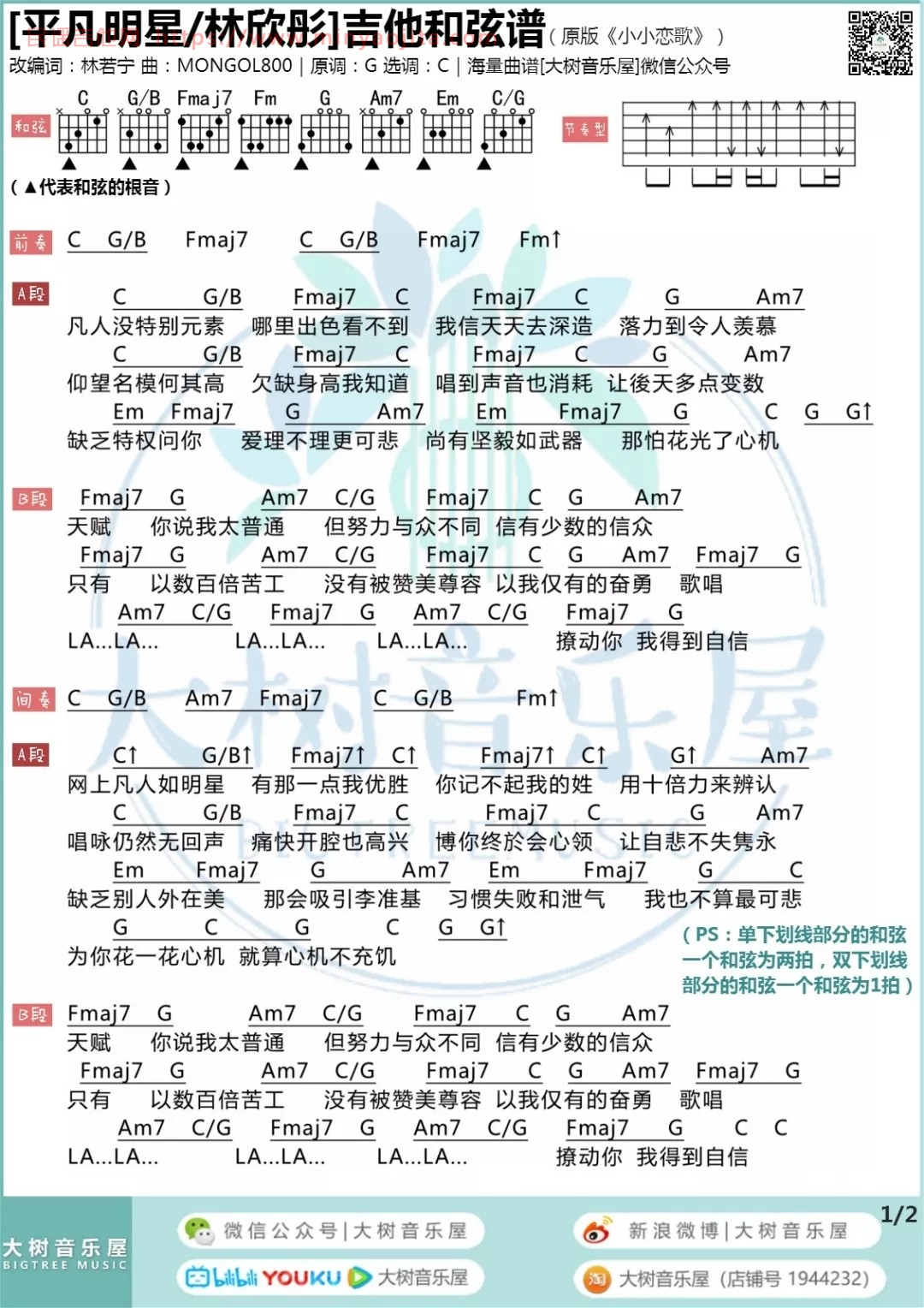 平凡明星吉他谱 C调和弦谱_大树音乐屋编配_林欣彤 平凡明星吉他谱 C调和弦谱_大树音乐屋编配_林欣彤