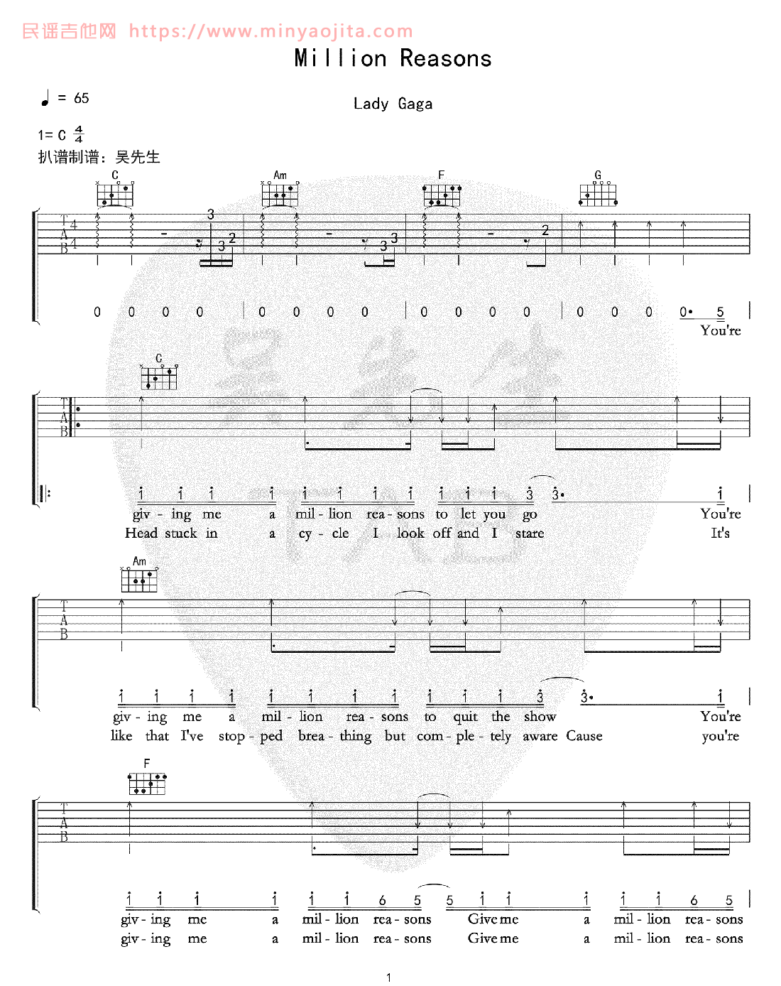 Million Reasons吉他谱 C调原版_Lady-Gaga_原调不夹 Million Reasons吉他谱 C调原版_Lady-Gaga_原调不夹