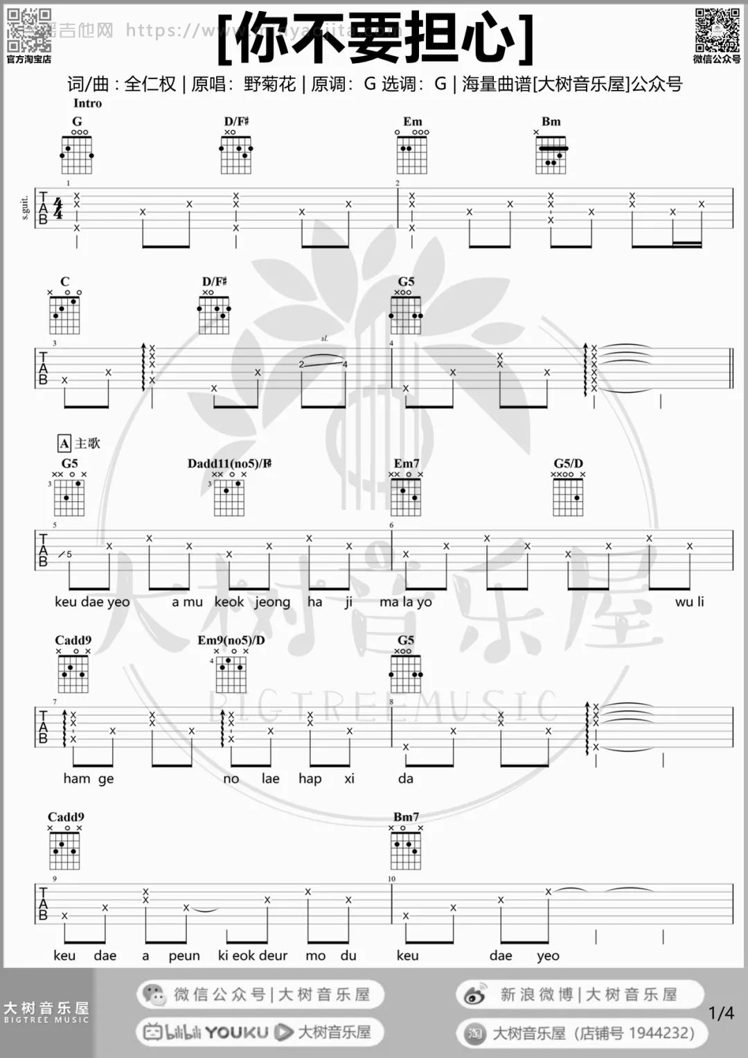 你不要担心吉他谱 G调原版_野菊花乐队_原调不夹